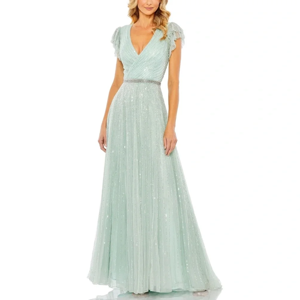 NWT Mac Duggal 5502 Green Sequined Wrap Over Ruffled Cap Sleeve Gown Green 8 - Picture 1 of 11